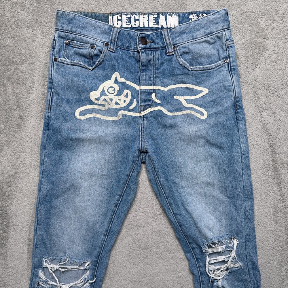 Icecream BBC Jeans Mens 30x28 Blue Running Dog Distressed Light Wash Denim *